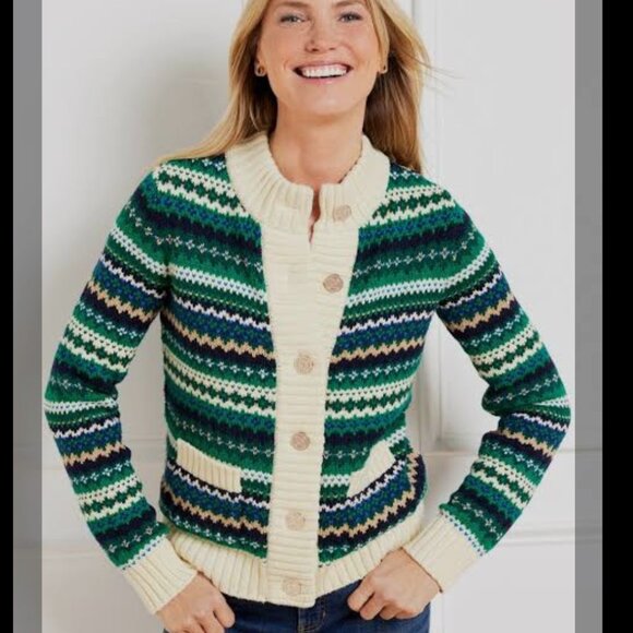 Talbots Plus Cardigan 3X 3XL Sweater Button Down Gold Metallic Green Blue Cream - Picture 2 of 16